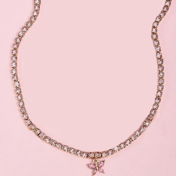 Pink Gold Butterfly Rhinestone Crystal Choker Necklace - Picture 3 of 4